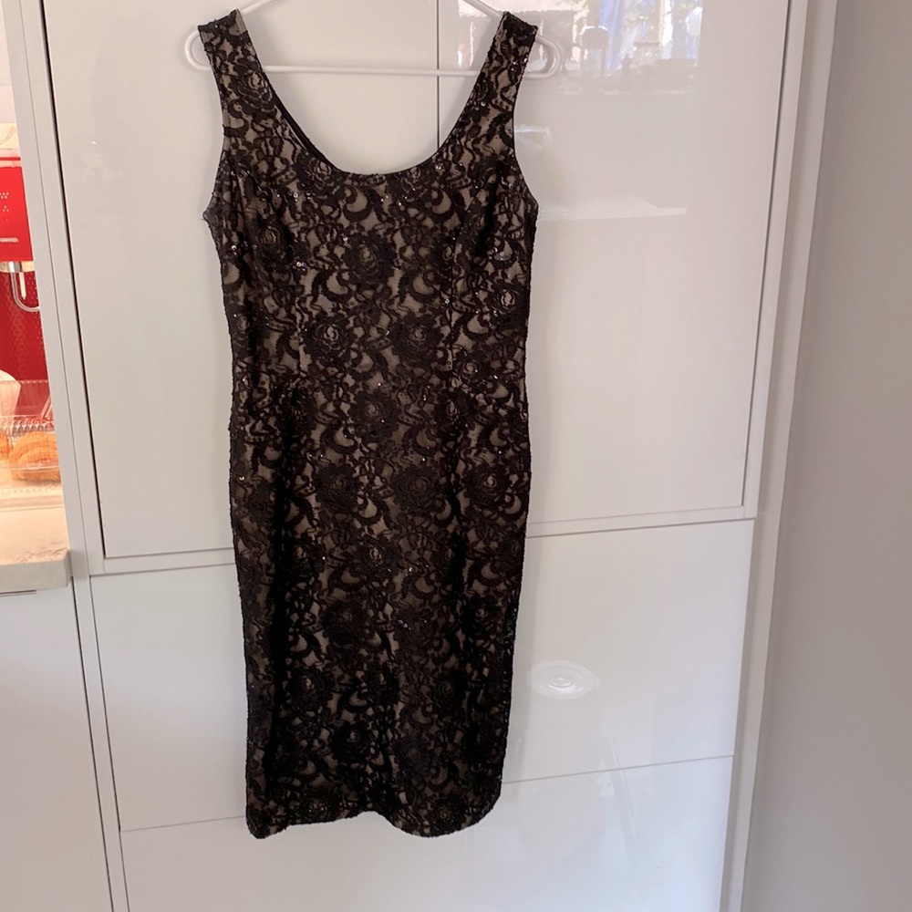 Sexy  pencil stretch dress, size M, black lace and nude with sparkly beads